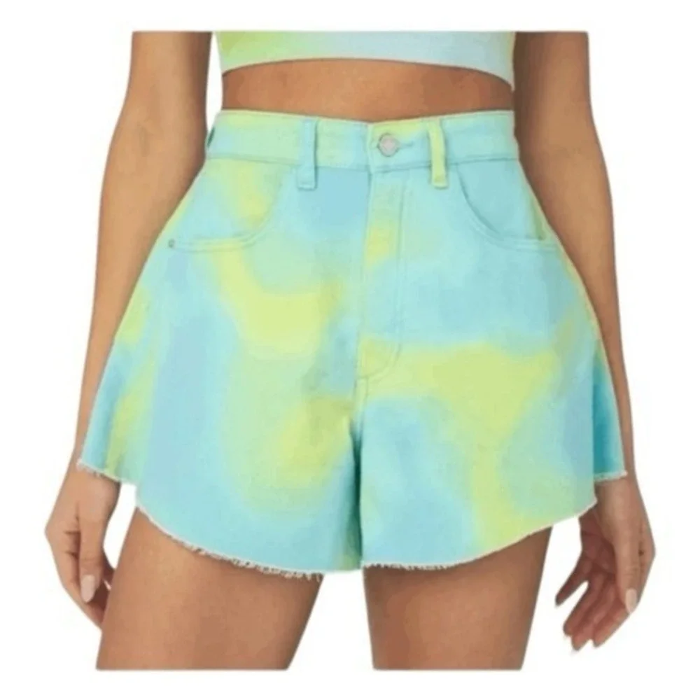 WeWoreWhat Jean Shorts Blue Green Tie Dye Wide Leg Flare Bell Denim 26‎